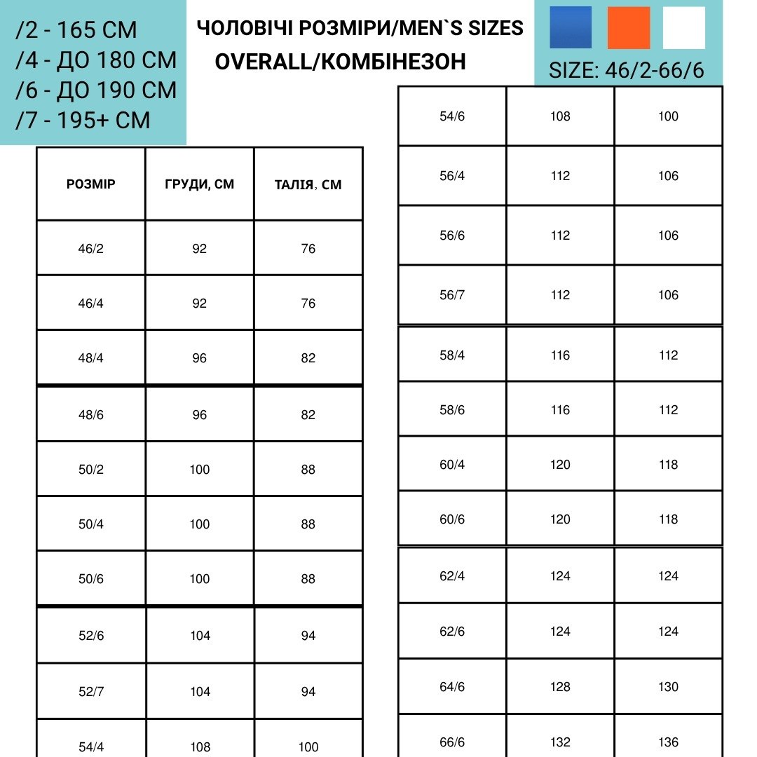 Coverall size chart