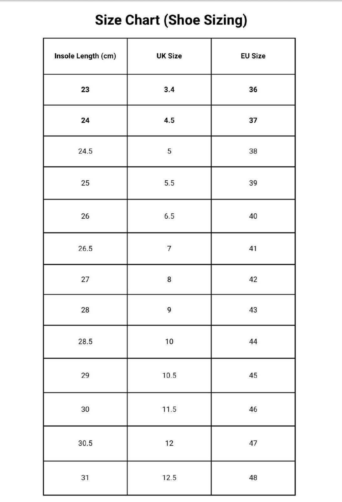 Shoe size chart